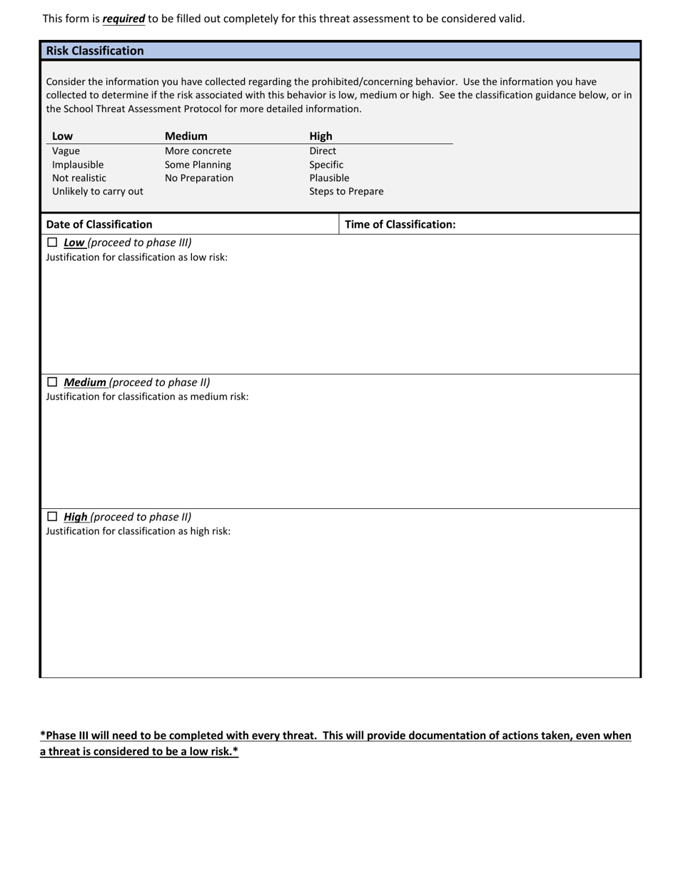 Wisconsin Wisconsin School Threat Assessment Form Phase I Risk