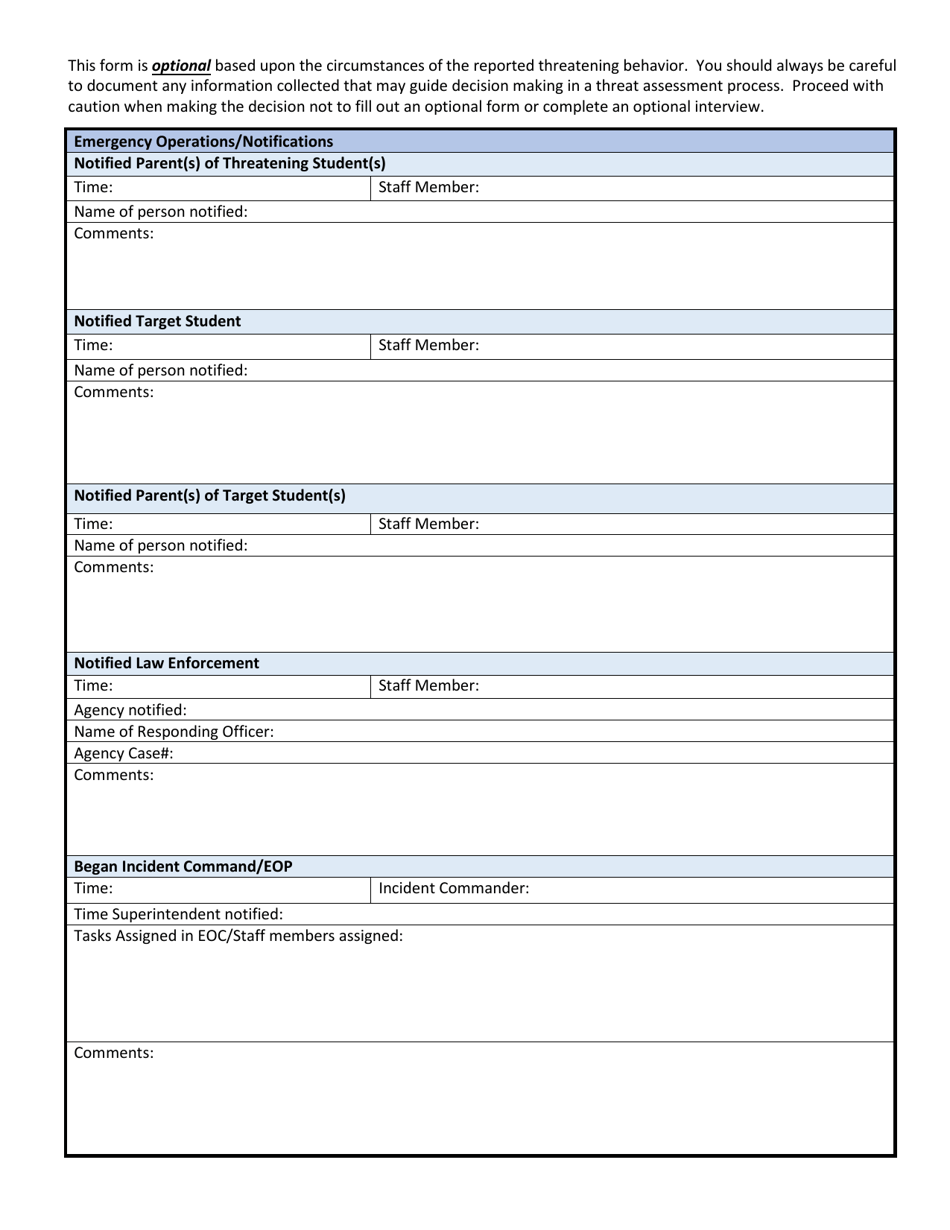 Wisconsin School Threat Assessment Form - Phase I - Emergency Operations - Wisconsin, Page 1