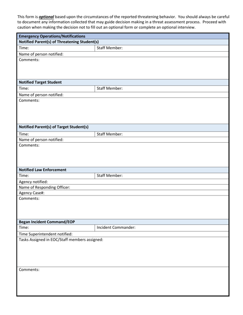 Wisconsin School Threat Assessment Form - Phase I - Emergency Operations - Wisconsin Download Pdf