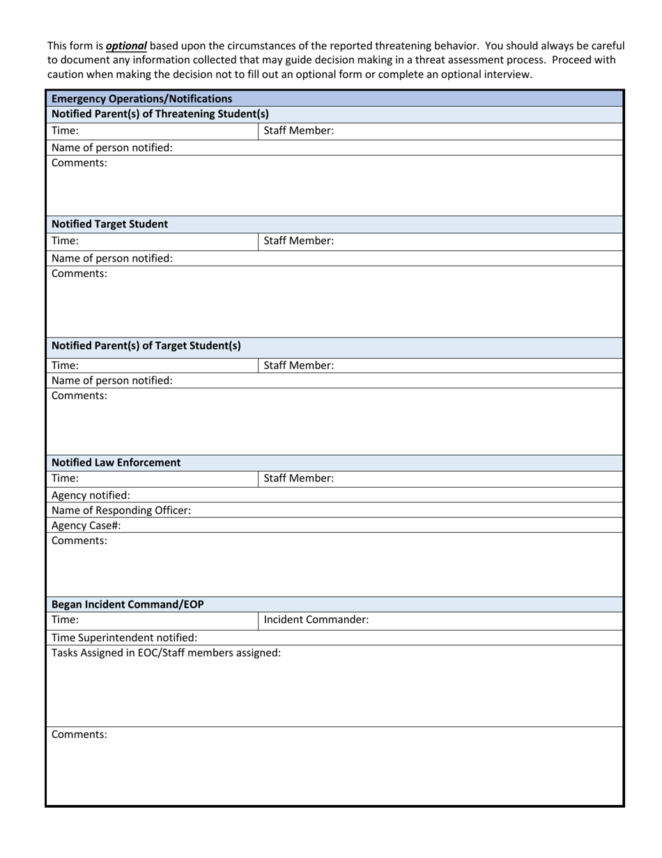 Wisconsin Wisconsin School Threat Assessment Form - Phase I - Emergency ...