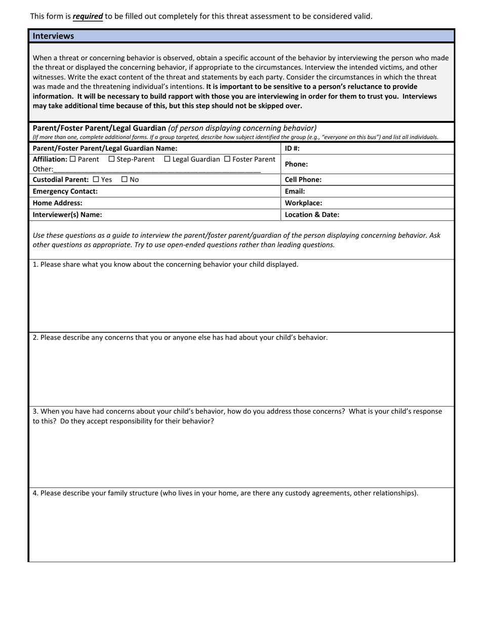 Wisconsin School Threat Assessment Form - Phase I - Parent / Foster Parent / Legal Guardian Interview - Wisconsin, Page 1