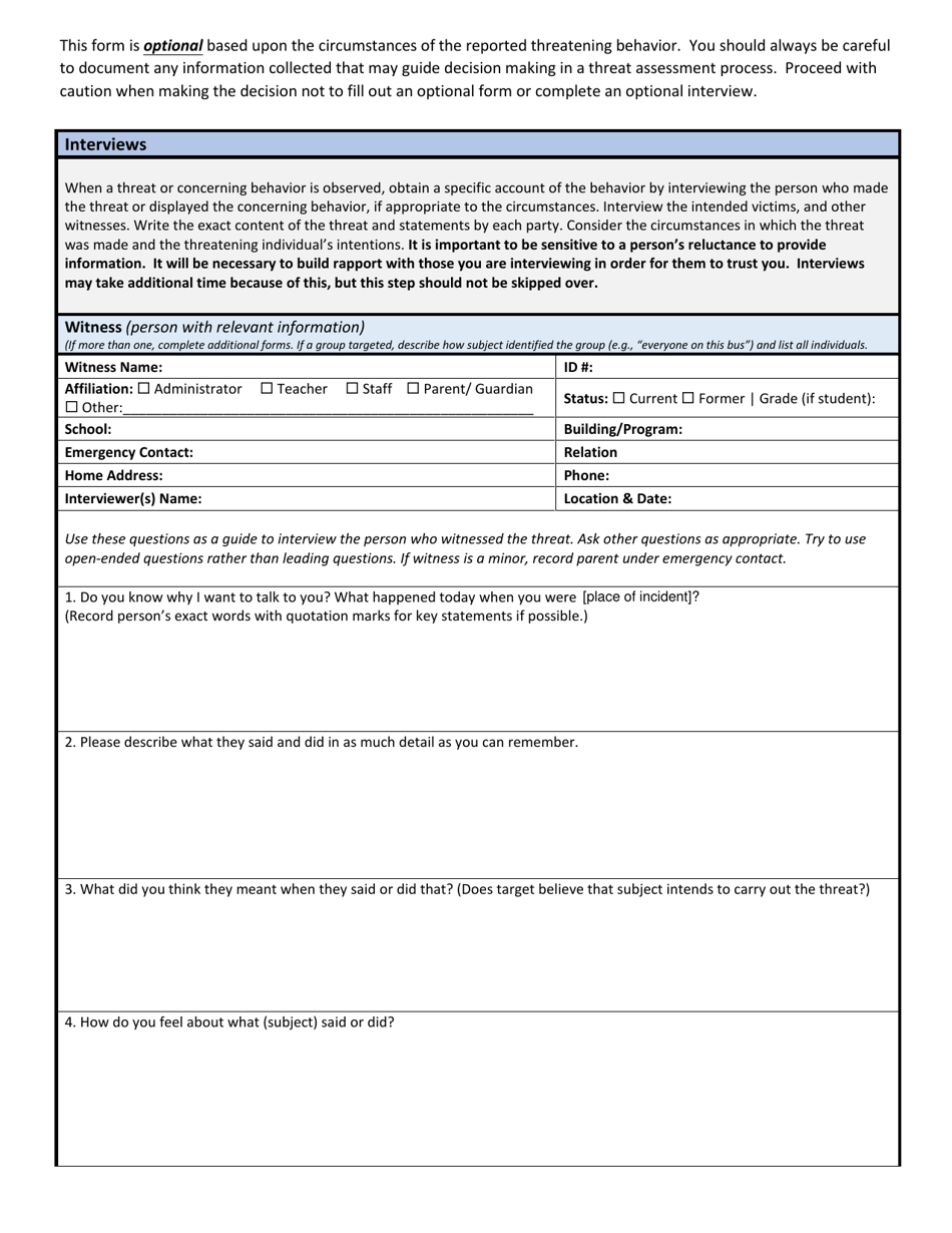 Wisconsin School Threat Assessment Form - Phase I - Witness Interview - Wisconsin, Page 1