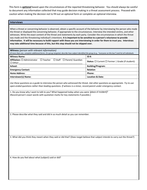 Wisconsin School Threat Assessment Form - Phase I - Witness Interview - Wisconsin Download Pdf