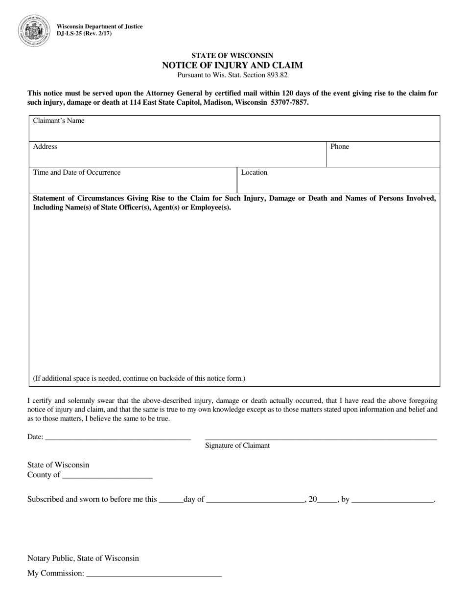 Form DJ-LS-25 Notice of Injury and Claim - Wisconsin, Page 1