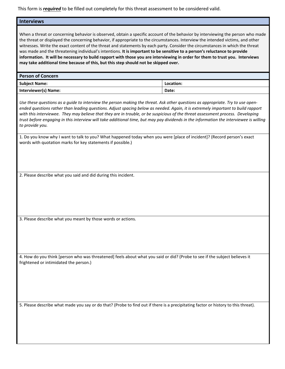 Wisconsin School Threat Assessment Form - Phase I - Person of Concern Interview - Wisconsin, Page 1