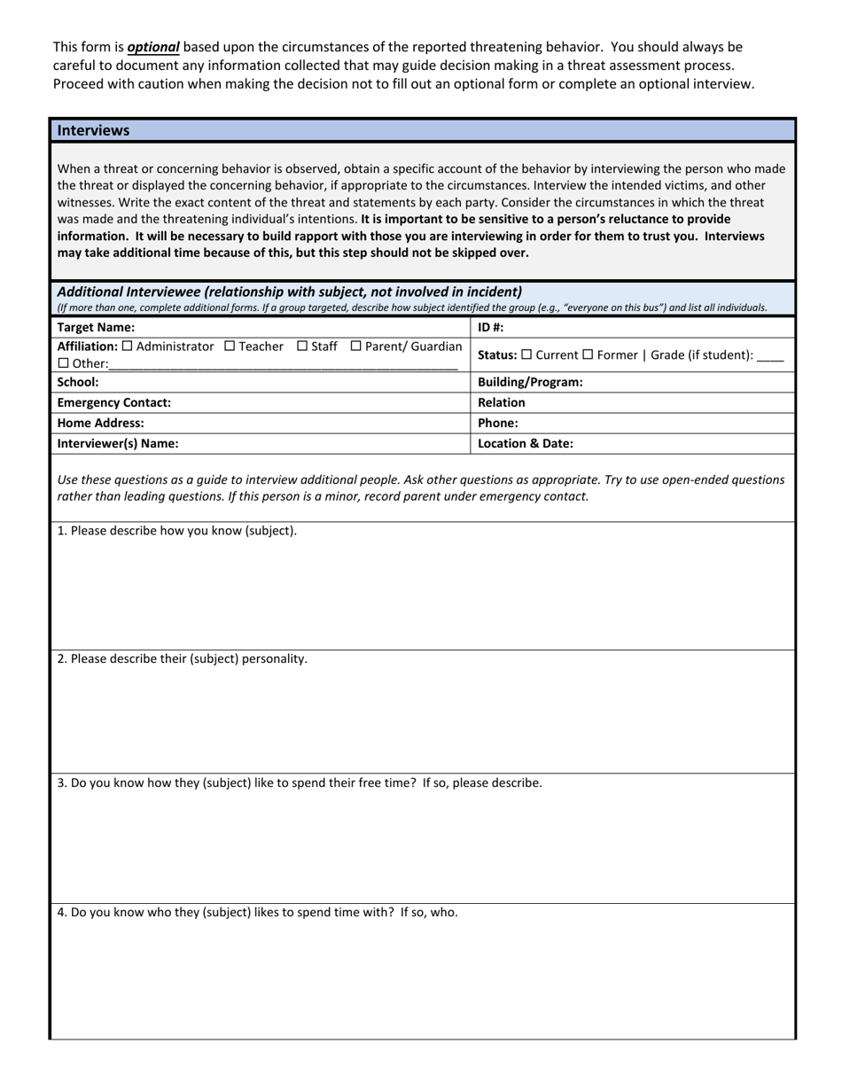 Wisconsin School Threat Assessment Form - Phase I - Additional Interviewee - Wisconsin, Page 1