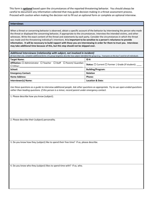 Wisconsin School Threat Assessment Form - Phase I - Additional Interviewee - Wisconsin Download Pdf