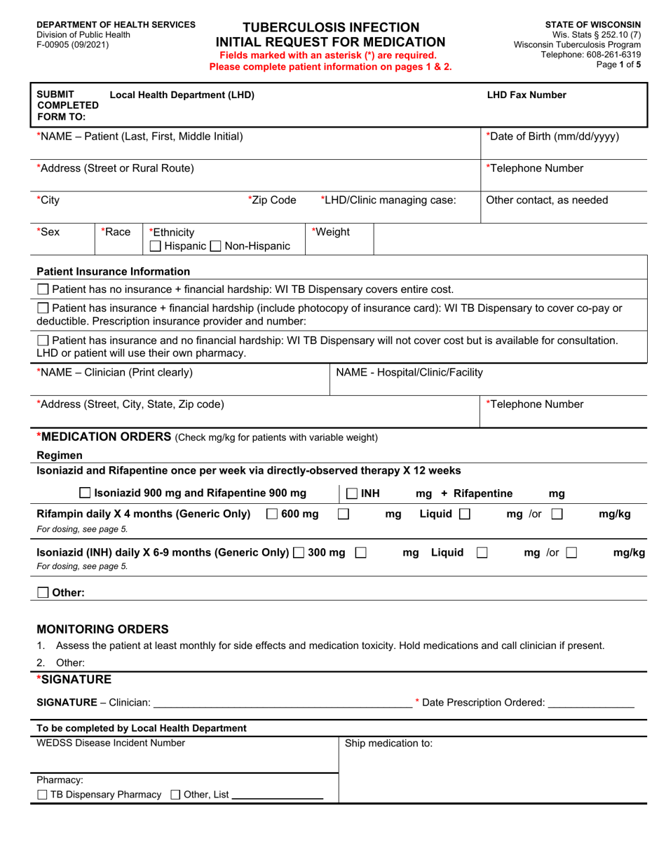 Form F-00905 Tuberculosis Infection Initial Request for Medication - Wisconsin, Page 1