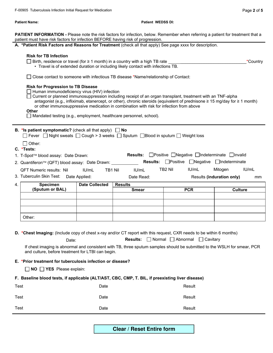 Form F-00905 Tuberculosis Infection Initial Request for Medication - Wisconsin, Page 2