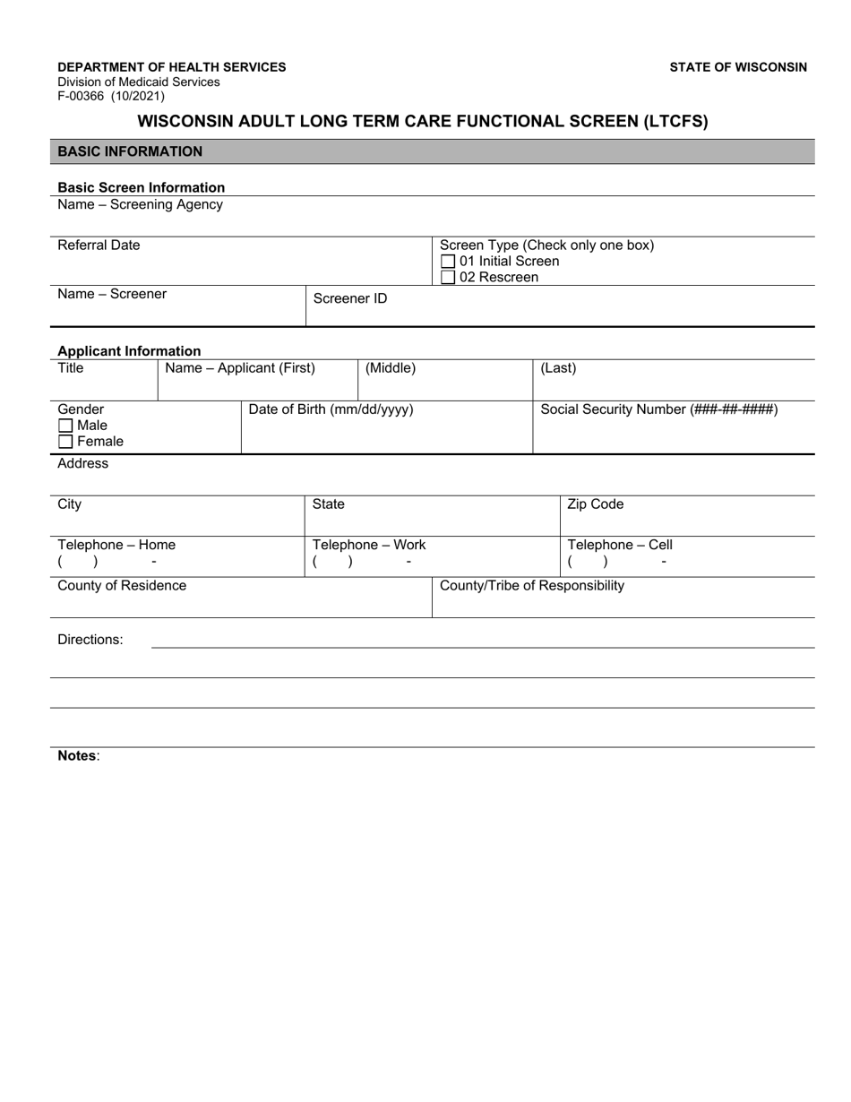 Form F-00366 Wisconsin Adult Long Term Care Functional Screen (Ltcfs) - Wisconsin, Page 1