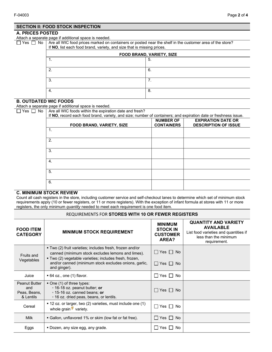 Form F-04003 Vendor Monitoring Site Visit Report - Wisconsin Wic Program - Wisconsin, Page 2