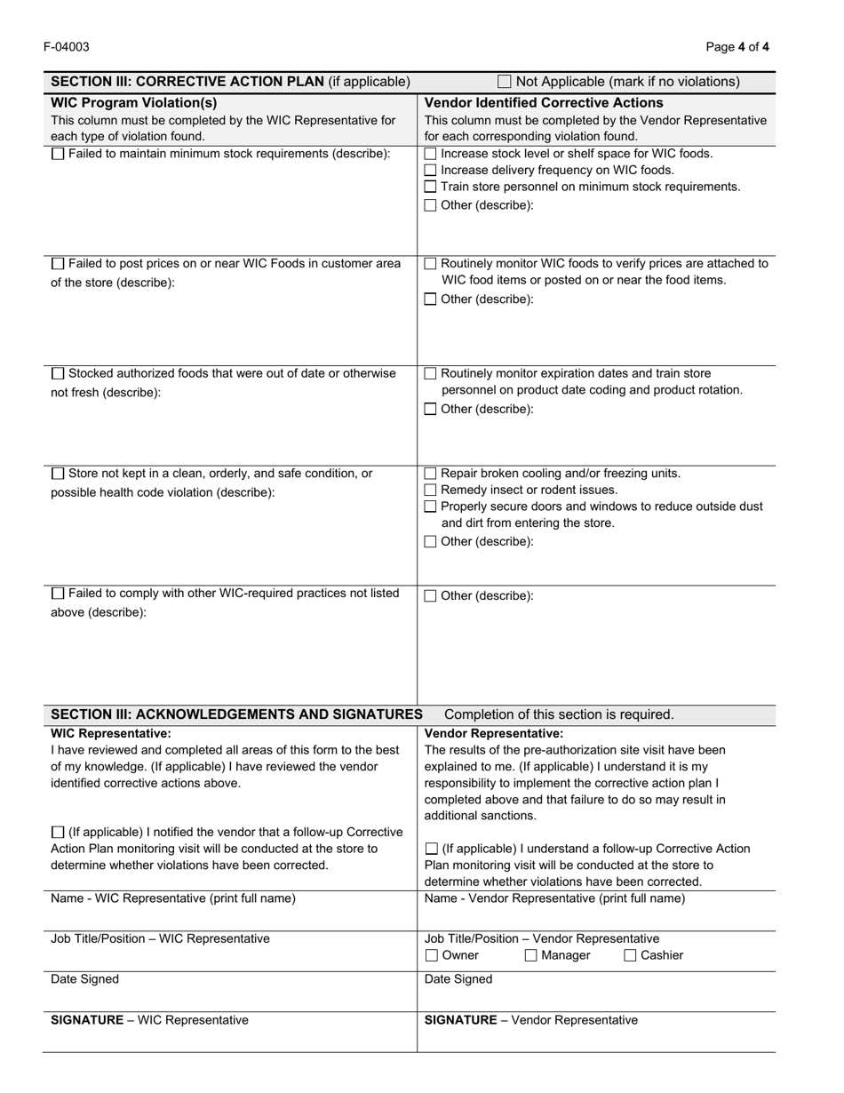 Form F-04003 Vendor Monitoring Site Visit Report - Wisconsin Wic Program - Wisconsin, Page 4
