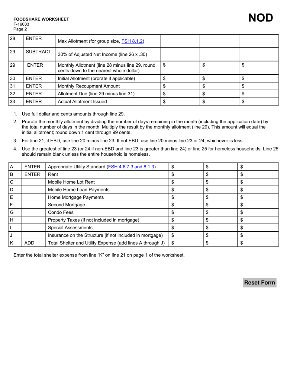 Form F-16033 Foodshare Worksheet - Wisconsin, Page 2