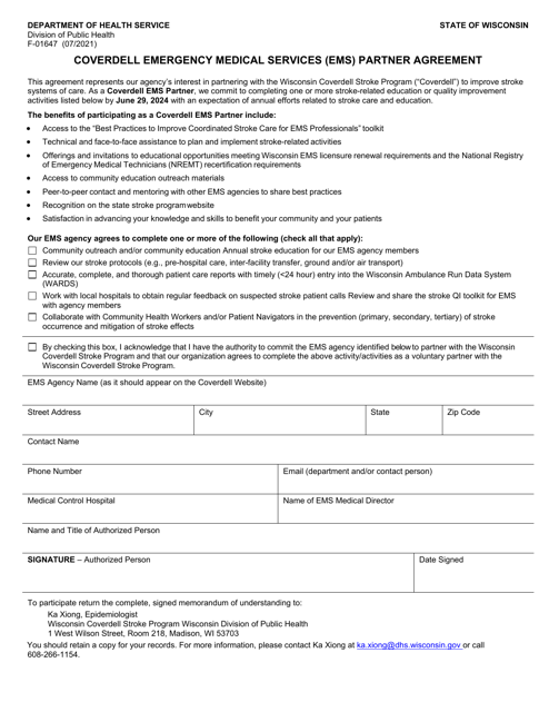 Form F-01647 Coverdell Emergency Medical Services (EMS) Partner Agreement - Wisconsin