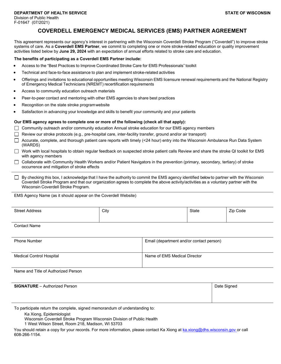 Form F-01647 Coverdell Emergency Medical Services (EMS) Partner Agreement - Wisconsin, Page 1