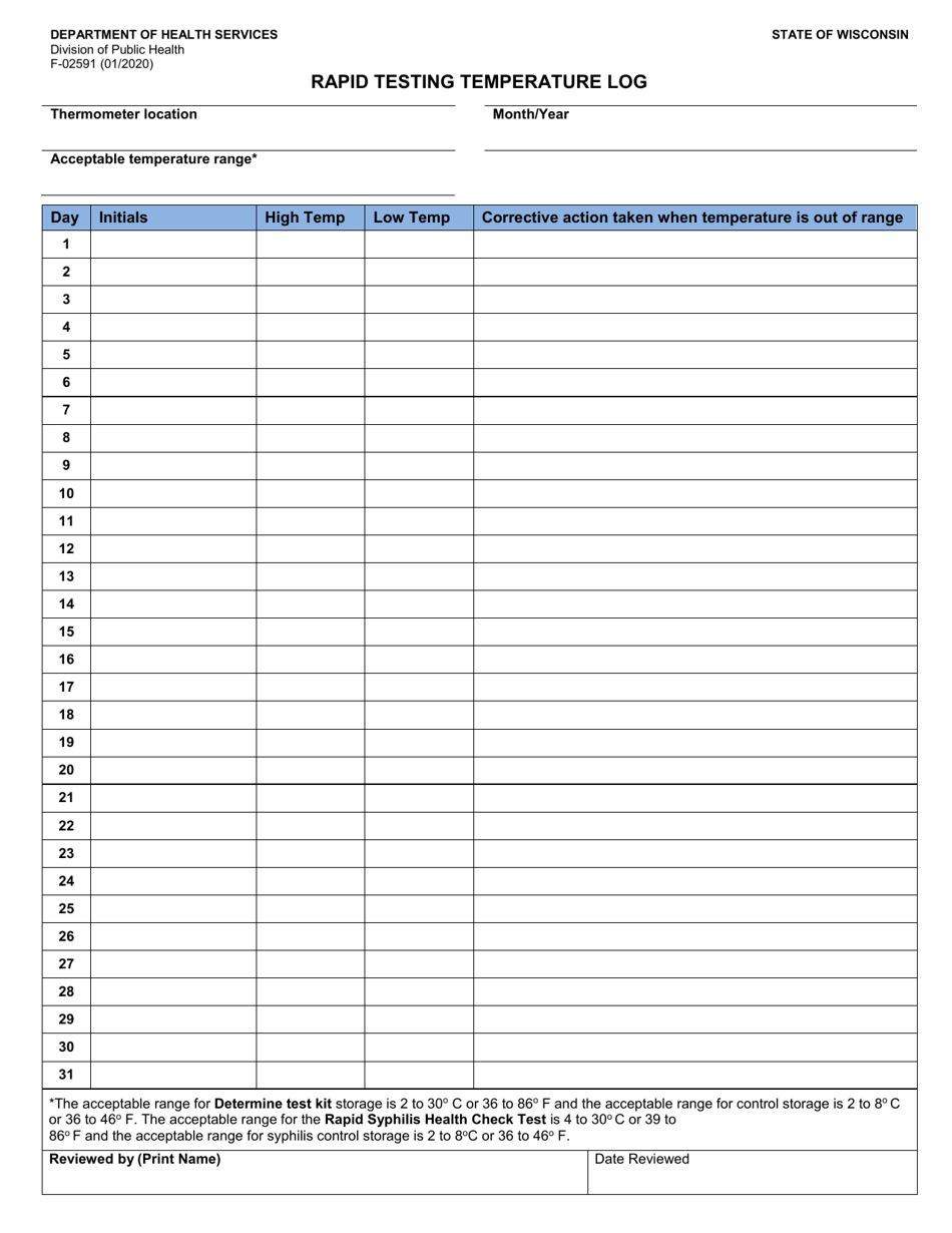 Form F-02591 Rapid Testing Temperature Log - Wisconsin, Page 1