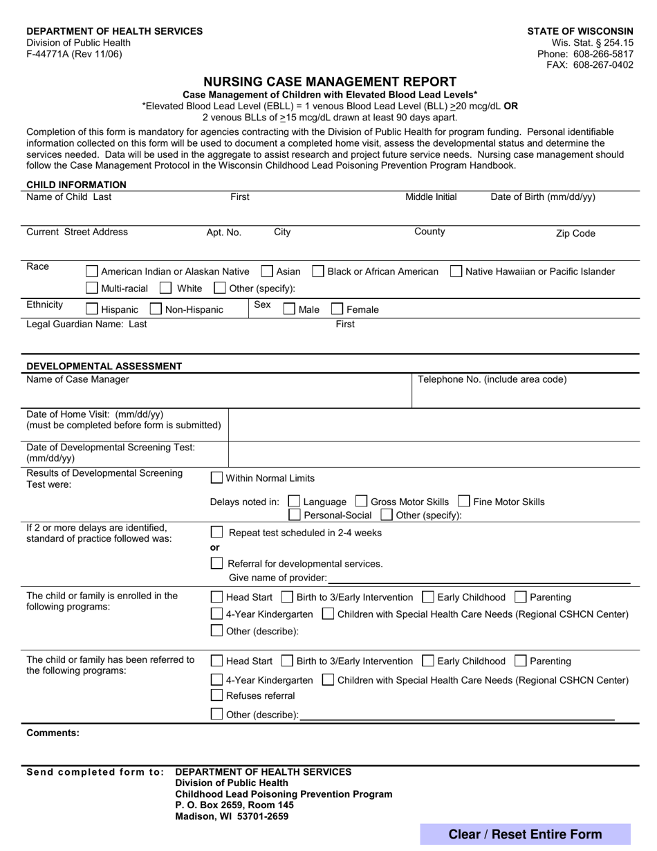 Form F-44771A Nursing Case Management Report - Case Management of Children With Elevated Blood Lead Levels - Wisconsin, Page 1