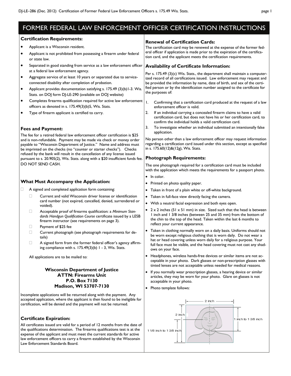 Form DJ-LE-286 Former Federal Law Enforcement Officer Concealed Firearm Certification Application - Wisconsin, Page 1