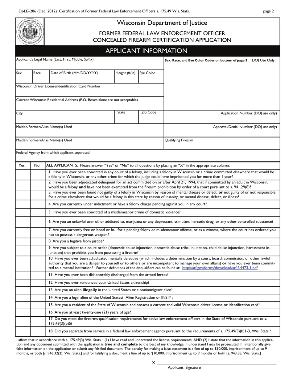 Form DJ-LE-286 Former Federal Law Enforcement Officer Concealed Firearm Certification Application - Wisconsin, Page 2