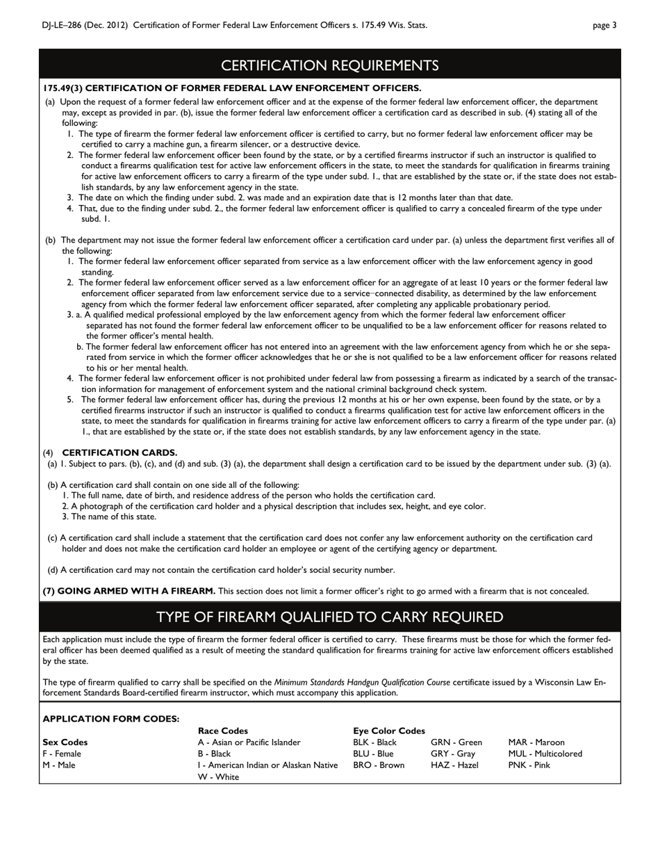 Form DJ-LE-286 Former Federal Law Enforcement Officer Concealed Firearm Certification Application - Wisconsin, Page 3