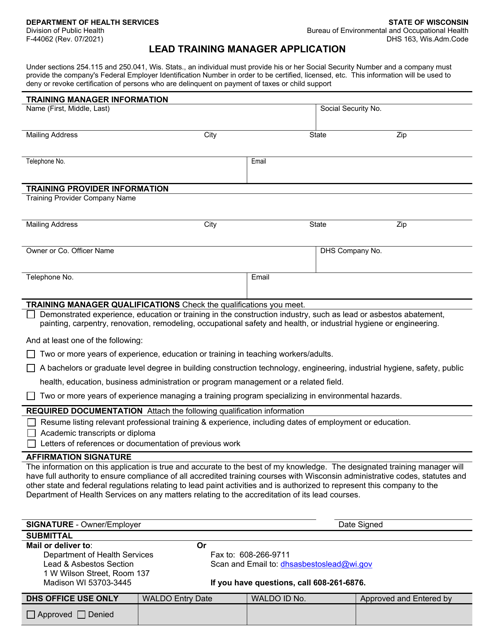 Form F-44062 Lead Training Manager Application - Wisconsin