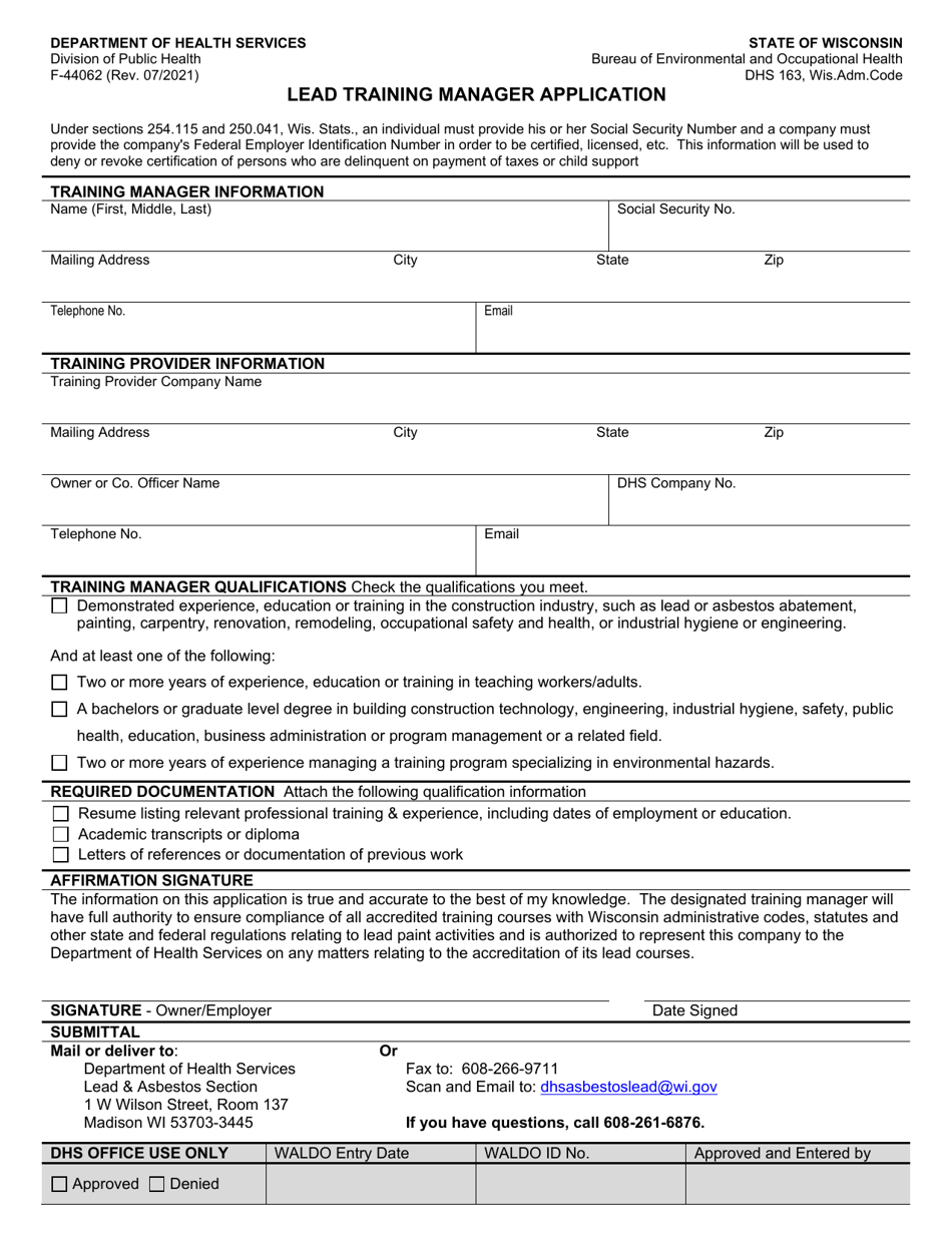 Form F-44062 Lead Training Manager Application - Wisconsin, Page 1