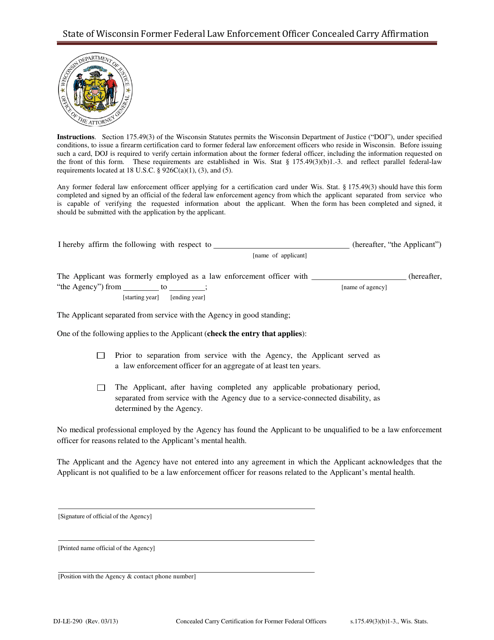 Form DJ-LE-290 State of Wisconsin Former Federal Law Enforcement Officer Concealed Carry Affirmation - Wisconsin