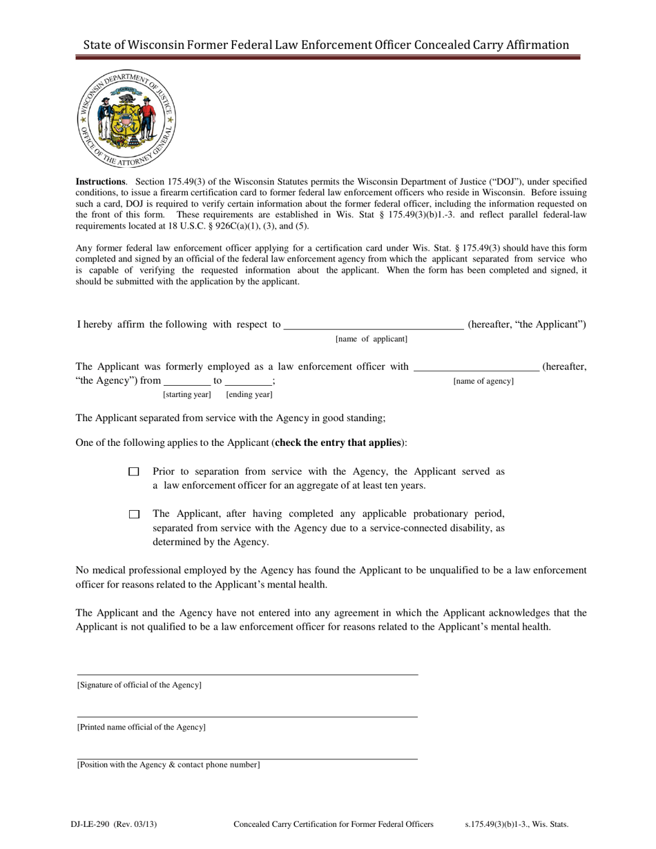 Form DJ-LE-290 State of Wisconsin Former Federal Law Enforcement Officer Concealed Carry Affirmation - Wisconsin, Page 1