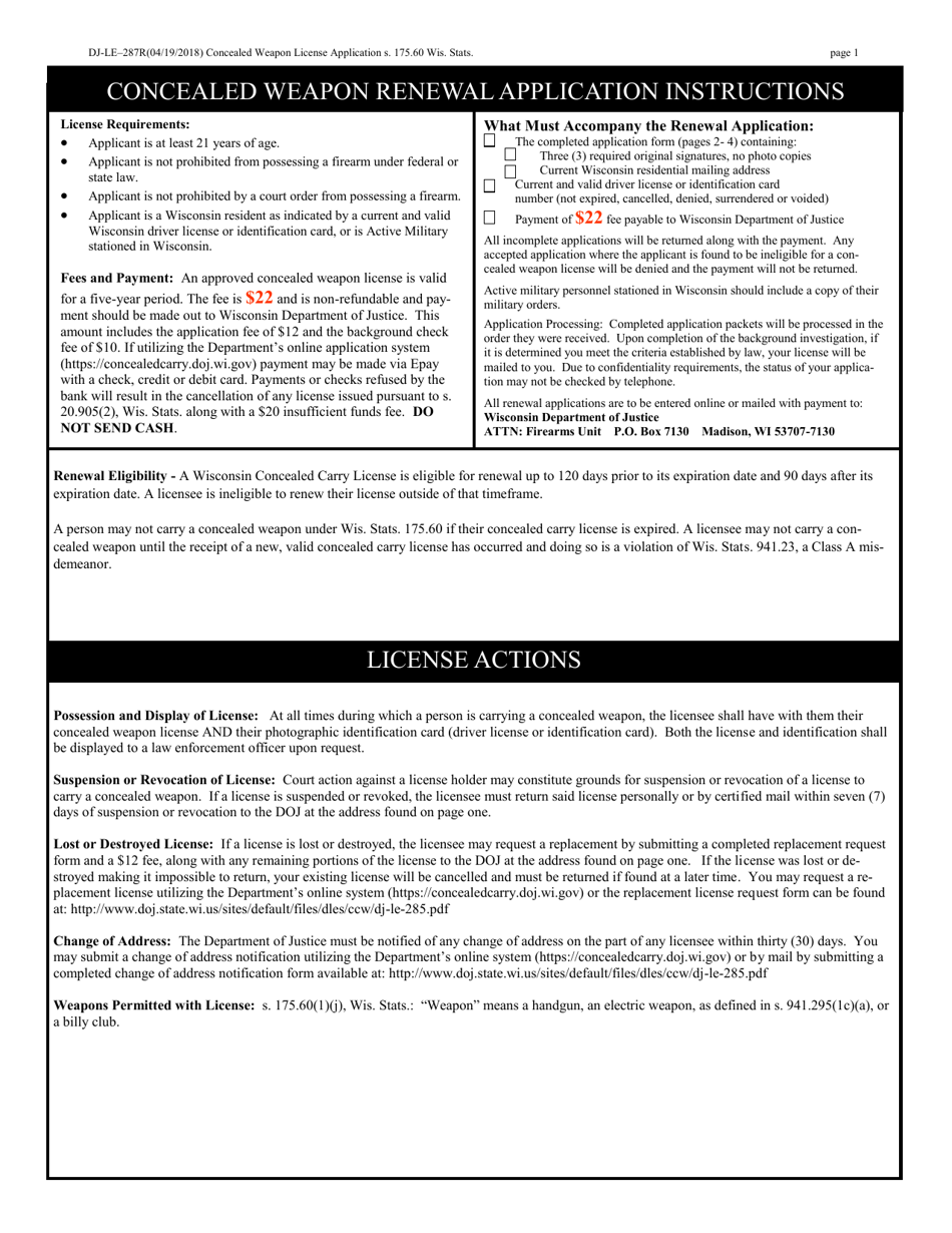 Form DJ-LE-287R Renewal Application for Concealed Weapon License - Wisconsin, Page 1