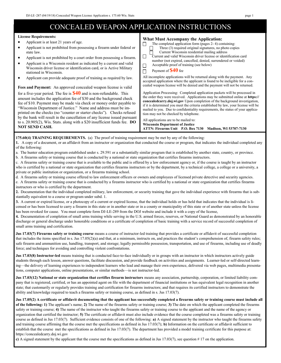 Form DJ-LE-287 Application for Concealed Weapon License - Wisconsin, Page 1