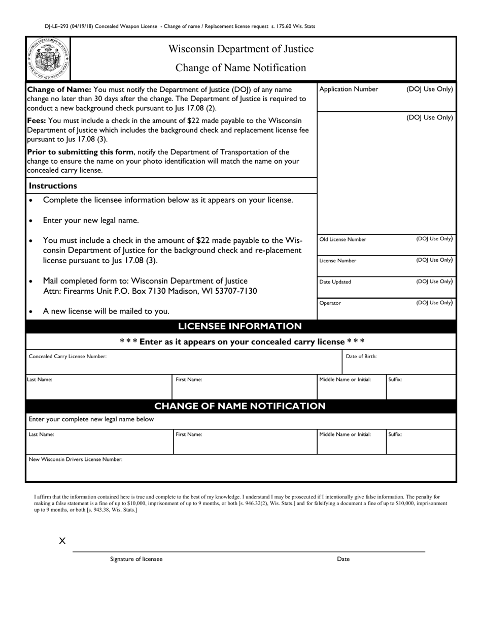 Form DJ-LE-293 Change of Name Notification - Wisconsin, Page 1
