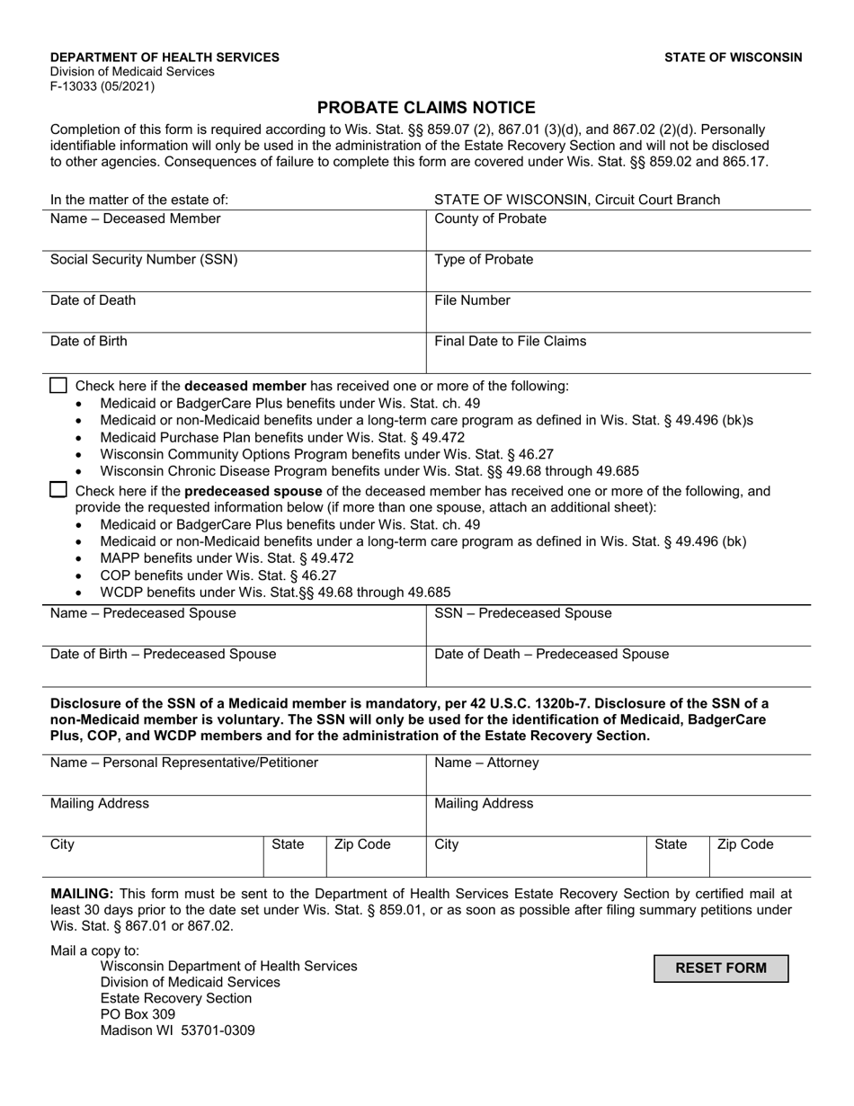 Form F-13033 Probate Claims Notice - Wisconsin, Page 1