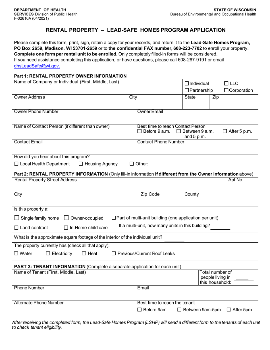 Form F-02610A Rental Property - Lead-Safe Homes Program Application - Wisconsin, Page 1