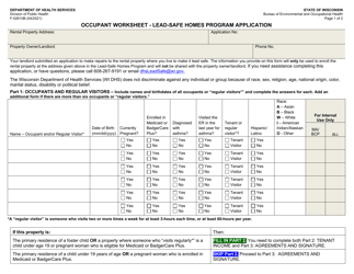 Form F-02610B Occupant Worksheet - Lead-Safe Homes Program Application - Wisconsin