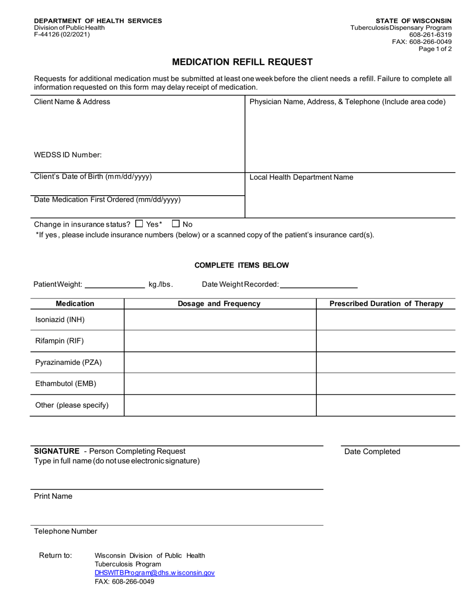 Form F-44126 Medication Refill Request - Wisconsin, Page 1