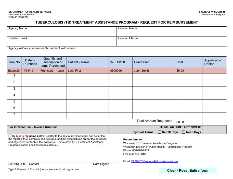 Form F-02463 Request for Reimbursement - Tuberculosis (Tb) Treatment Assistance Program - Wisconsin, Page 1