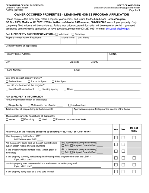 Form F-02610 Owner-Occupied Properties - Lead-Safe Homes Program Application - Wisconsin