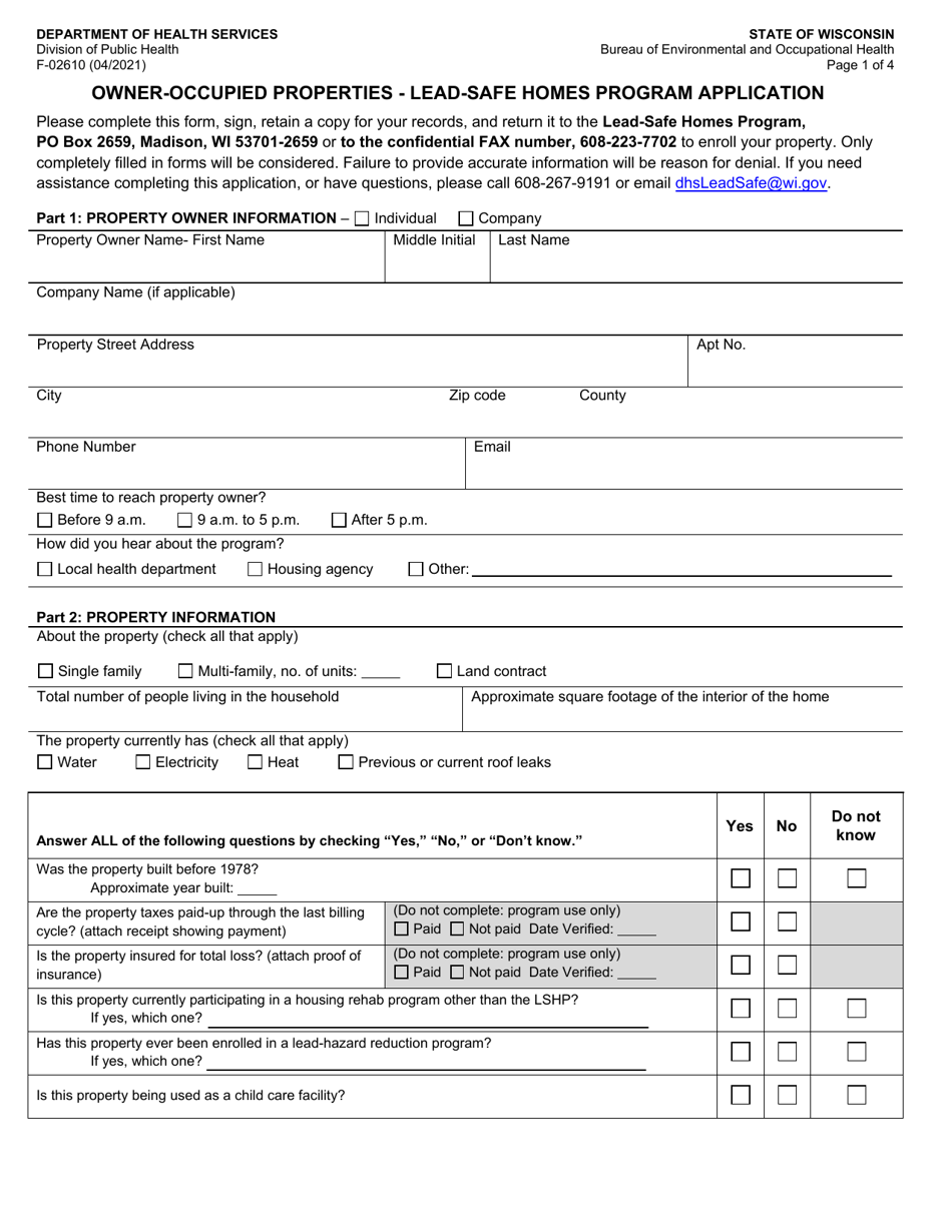 Form F-02610 Owner-Occupied Properties - Lead-Safe Homes Program Application - Wisconsin, Page 1