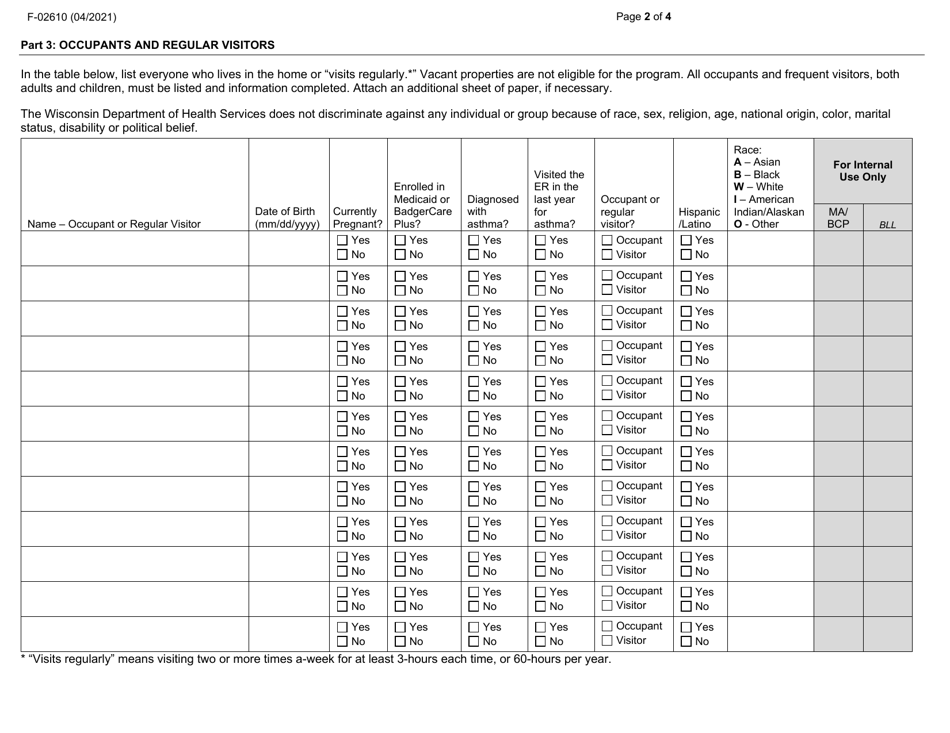 Form F-02610 Owner-Occupied Properties - Lead-Safe Homes Program Application - Wisconsin, Page 2