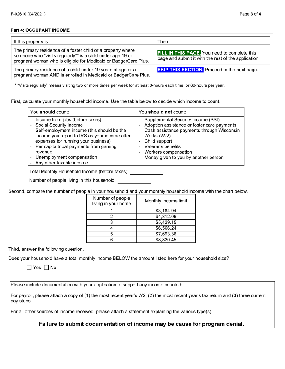Form F-02610 Owner-Occupied Properties - Lead-Safe Homes Program Application - Wisconsin, Page 3