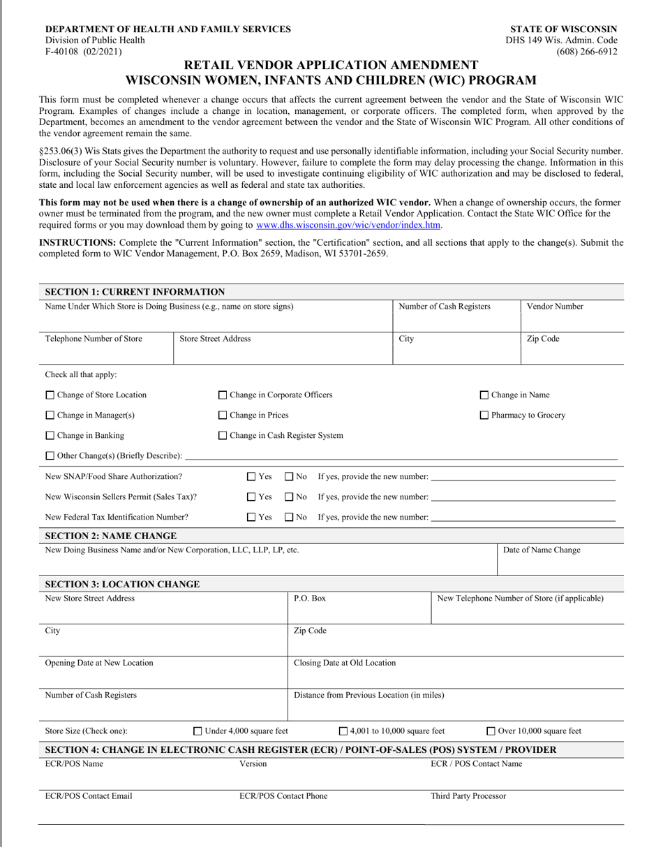 Form F-40108 Retail Vendor Application Amendment - Wisconsin Women, Infant, and Children (Wic) Program - Wisconsin, Page 1