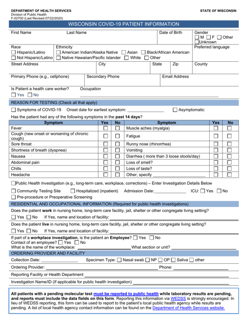 Form F-02700 Wisconsin Covid-19 Patient Information - Wisconsin