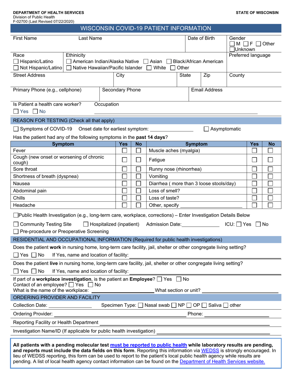 Form F-02700 Wisconsin Covid-19 Patient Information - Wisconsin, Page 1