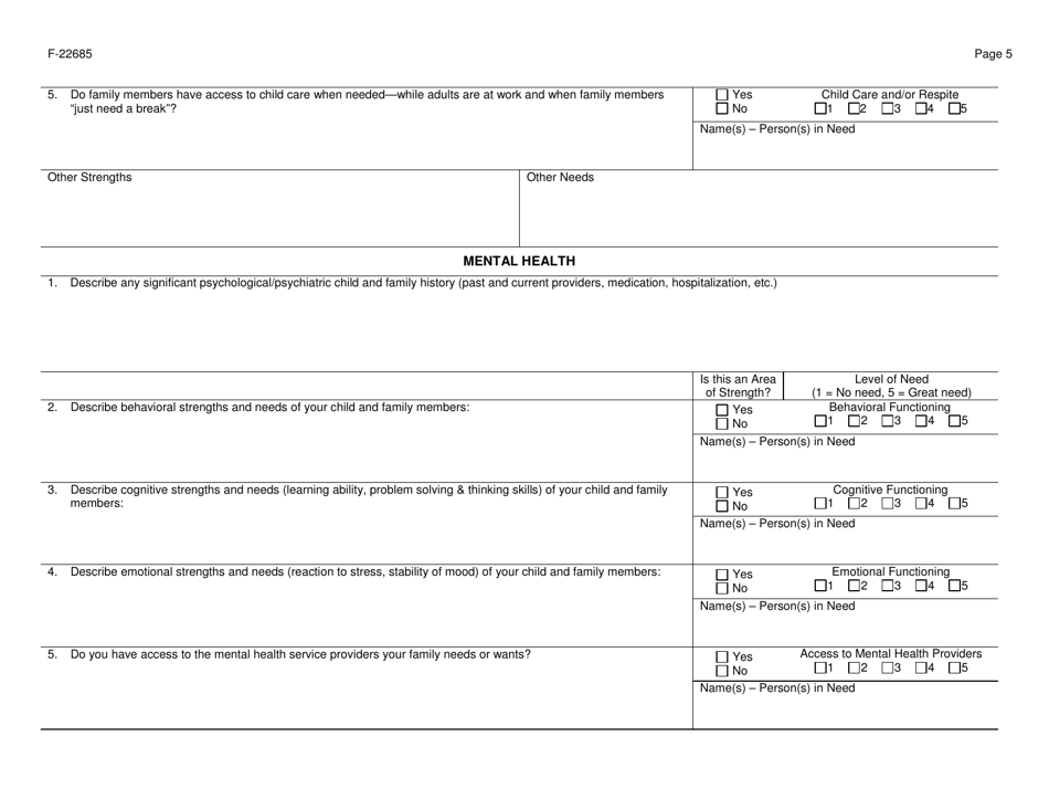 Form F-22685 Collaborative Systems of Care (Csoc) Summary of Strengths and Needs Assessment - Wisconsin, Page 5