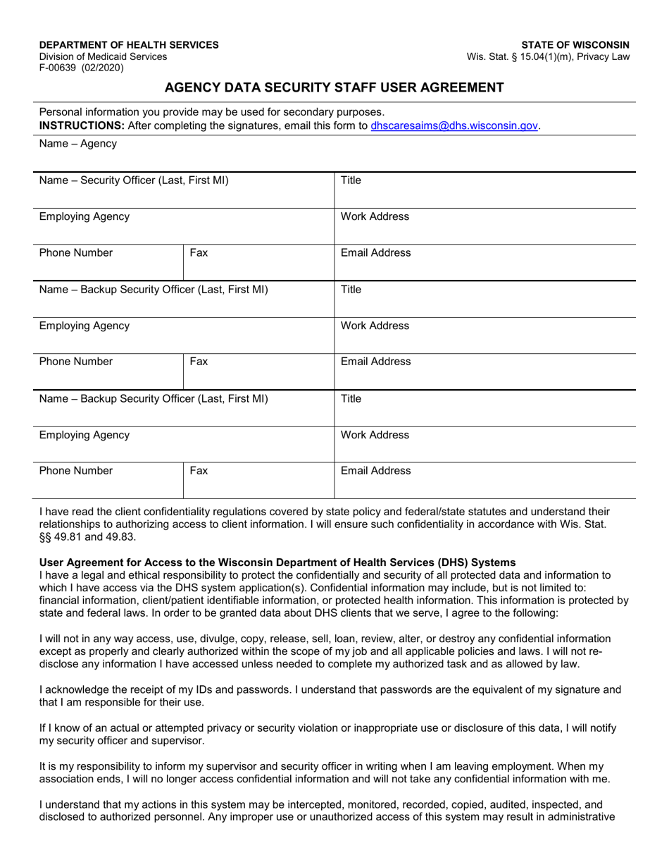 Form F-00639 Agency Data Security Staff User Agreement - Wisconsin, Page 1