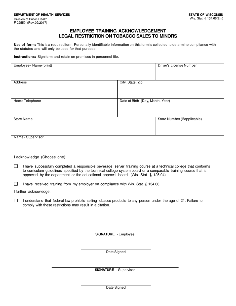 Form F-22559 Employee Training Acknowledgement - Legal Restriction on Tobacco Sales to Minors - Wisconsin, Page 1