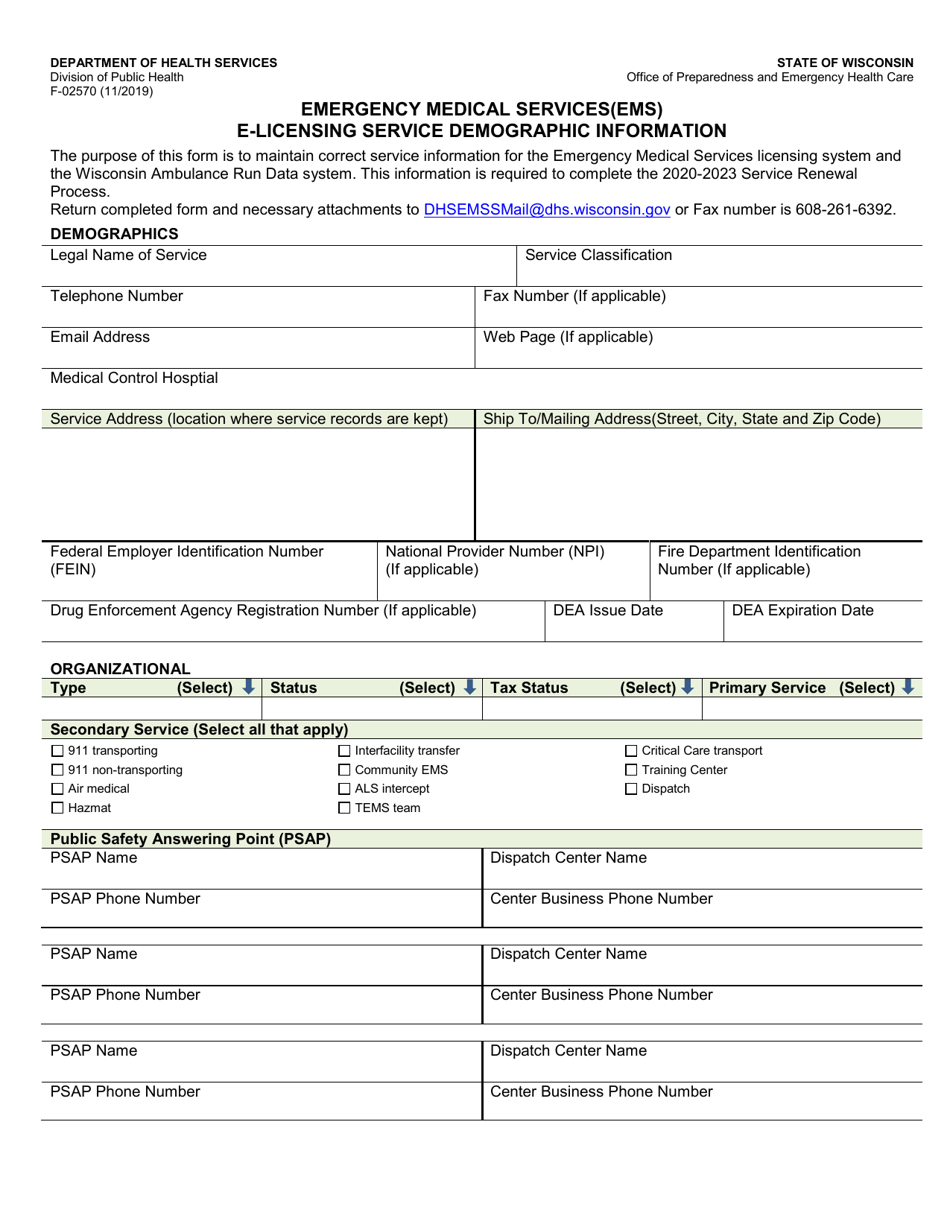 Form F-02570 Emergency Medical Services(EMS) E-Licensing Service Demographic Information - Wisconsin, Page 1