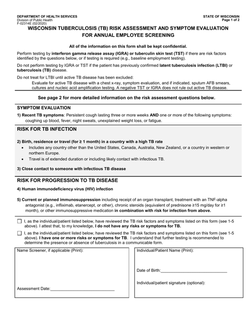 Form F-02314E Wisconsin Tuberculosis (Tb) Risk Assessment and Symptom Evaluation for Annual Employee Screening - Wisconsin