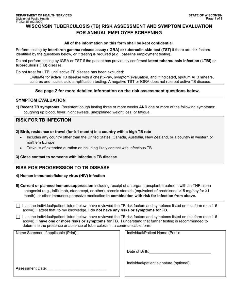 Form F-02314E Wisconsin Tuberculosis (Tb) Risk Assessment and Symptom Evaluation for Annual Employee Screening - Wisconsin, Page 1