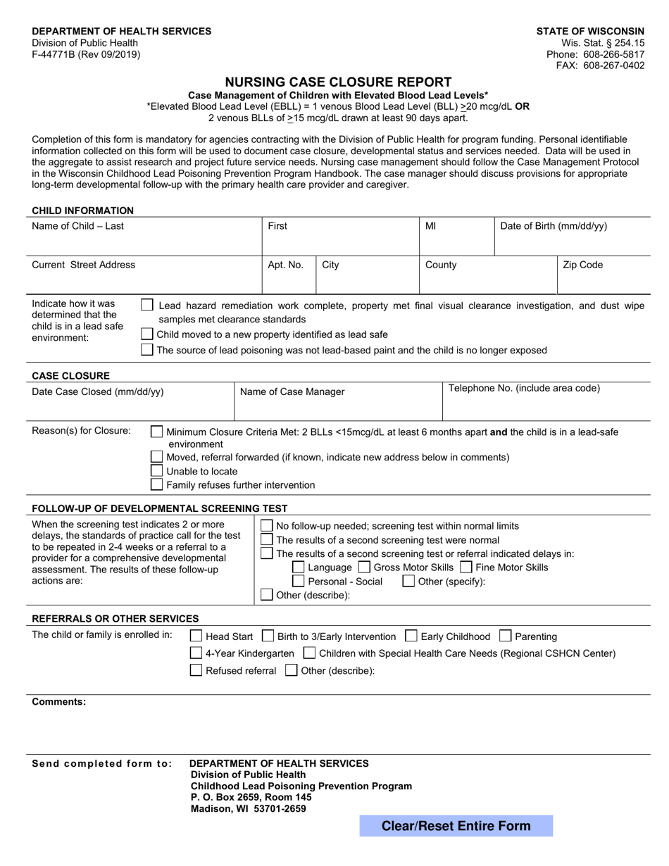 Form F-44771B Nursing Case Closure Report - Case Management of Children With Elevated Blood Lead Levels - Wisconsin, Page 1